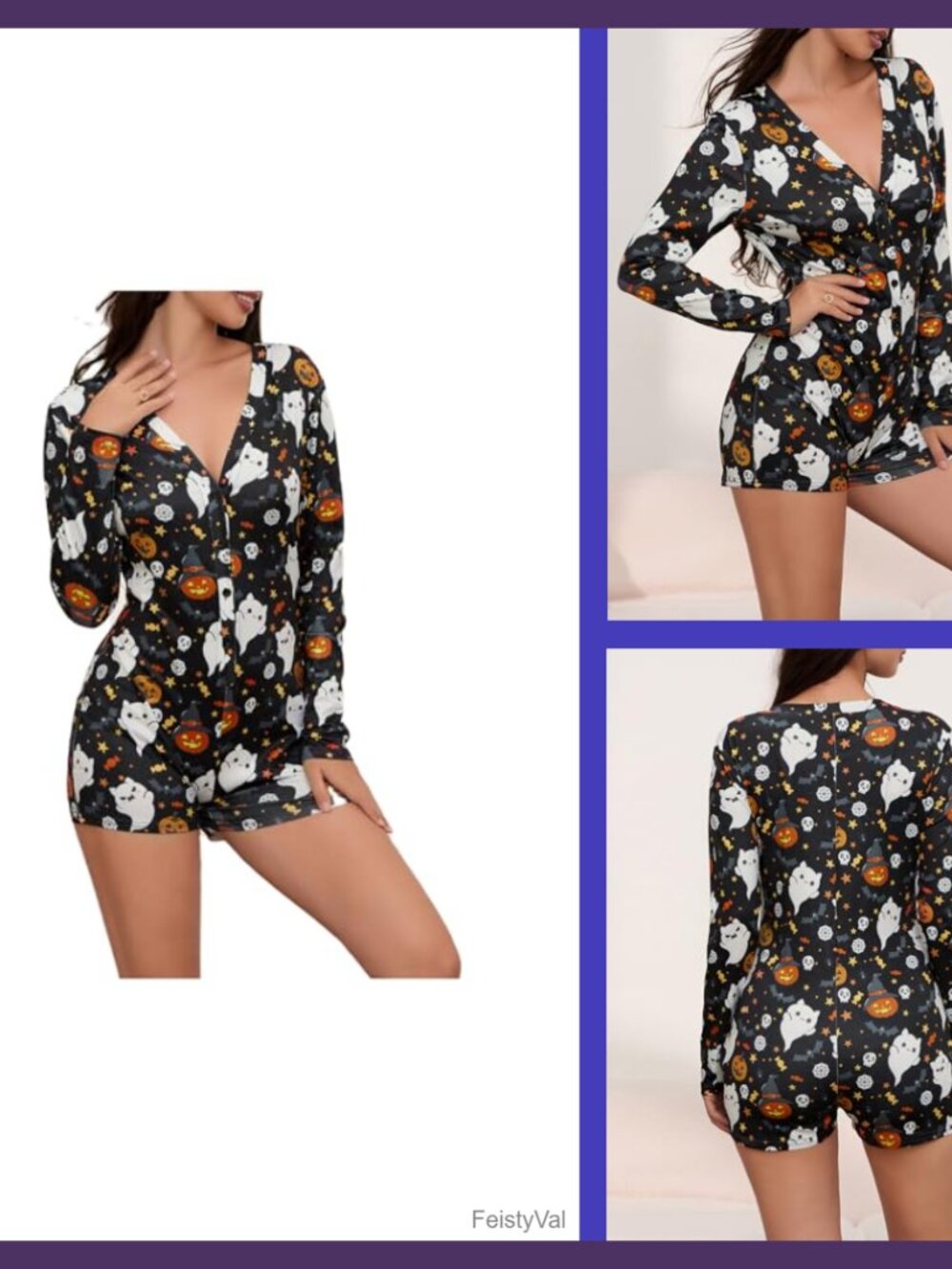 Women Halloween Bodycon Pajama Romper Long Sleeve Pumpkin Skull Onesie